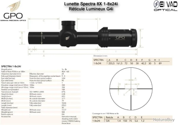 Lunette Chasse GPO SPECTRA 8X 1-8x24i – Réticule Lumineux G4i Par Fibre Optique vente en ligne 5